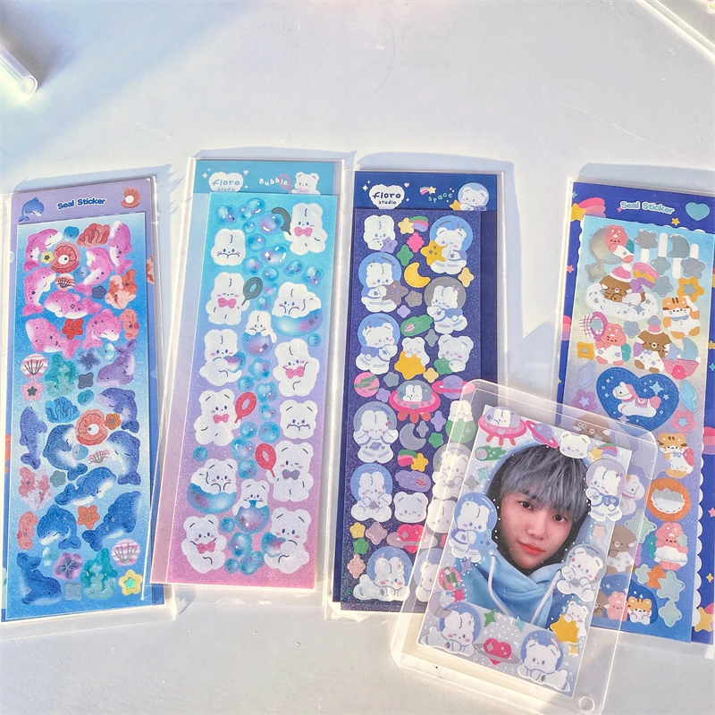 MINKYS New Arrival 3pcs 6pcs Kawaii Bear Ribbon Laser Bling Stickers DIY Scrapbook Stickers Confetti Decoration DIY Photo Frame