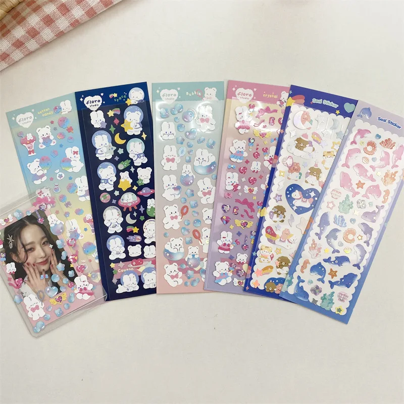 MINKYS New Arrival 3pcs 6pcs Kawaii Bear Ribbon Laser Bling Stickers DIY Scrapbook Stickers Confetti Decoration DIY Photo Frame