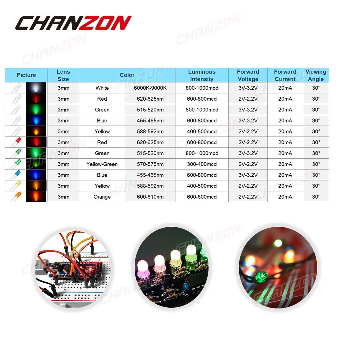 Diffused 3mm Led Diode Kit White Red Green Blue Yellow Orange 2V 3V 3 mm F3 Bulb Light Emitting Assortment Set Diy PCB Arduino