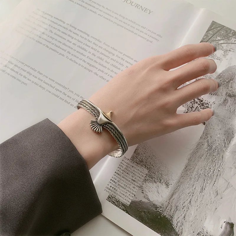PANJBJ 925 Sterling Silver Feather Adjustable Couple Bangle Gothic Punk Design Women Jewelry Gift Lucky Bracelet Dropshipping
