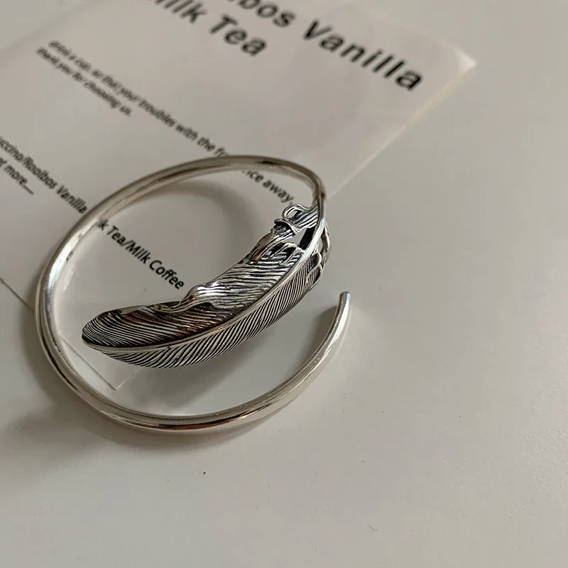 PANJBJ 925 Sterling Silver Feather Adjustable Couple Bangle Gothic Punk Design Women Jewelry Gift Lucky Bracelet Dropshipping