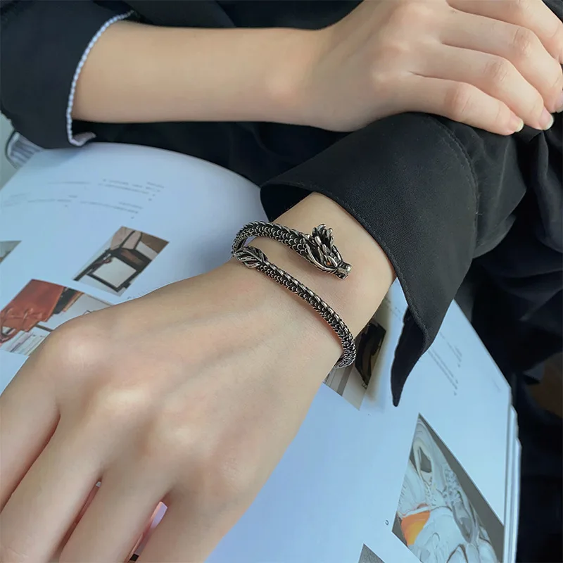 PANJBJ 925 Sterling Silver Feather Adjustable Couple Bangle Gothic Punk Design Women Jewelry Gift Lucky Bracelet Dropshipping