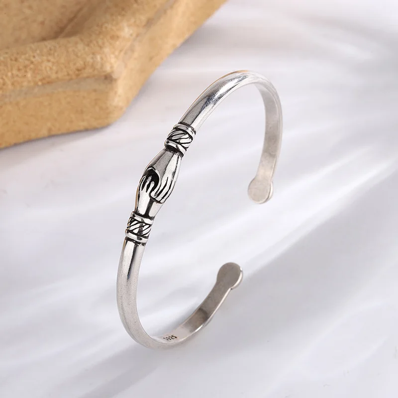 PANJBJ 925 Sterling Silver Feather Adjustable Couple Bangle Gothic Punk Design Women Jewelry Gift Lucky Bracelet Dropshipping
