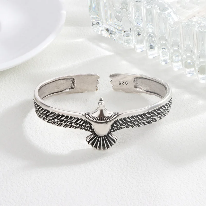 PANJBJ 925 Sterling Silver Feather Adjustable Couple Bangle Gothic Punk Design Women Jewelry Gift Lucky Bracelet Dropshipping