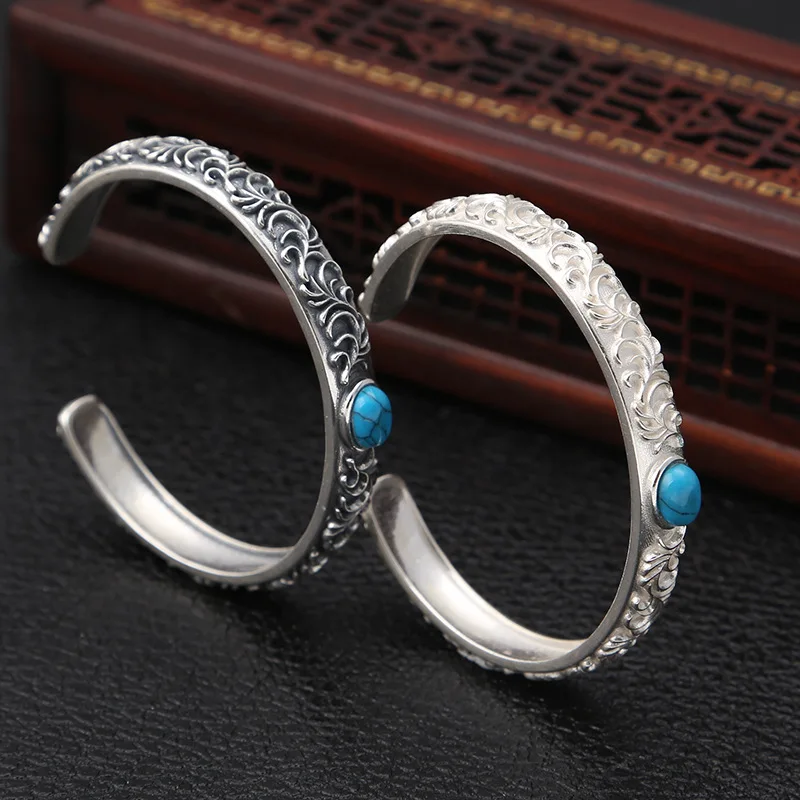 PANJBJ 925 Sterling Silver Feather Adjustable Couple Bangle Gothic Punk Design Women Jewelry Gift Lucky Bracelet Dropshipping