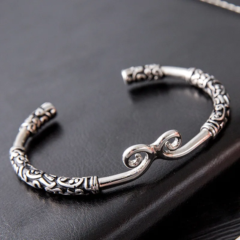PANJBJ 925 Sterling Silver Feather Adjustable Couple Bangle Gothic Punk Design Women Jewelry Gift Lucky Bracelet Dropshipping