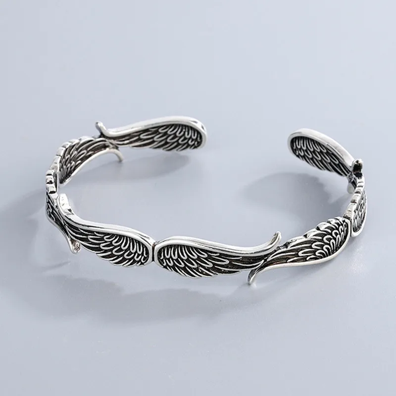 PANJBJ 925 Sterling Silver Feather Adjustable Couple Bangle Gothic Punk Design Women Jewelry Gift Lucky Bracelet Dropshipping