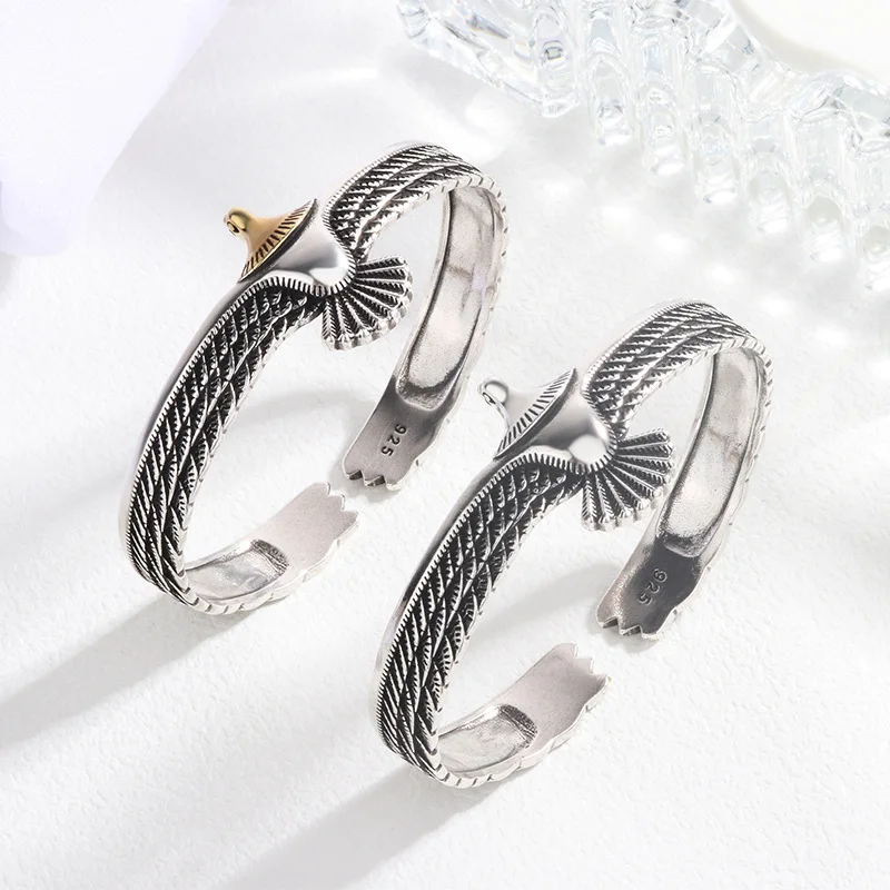 PANJBJ 925 Sterling Silver Feather Adjustable Couple Bangle Gothic Punk Design Women Jewelry Gift Lucky Bracelet Dropshipping
