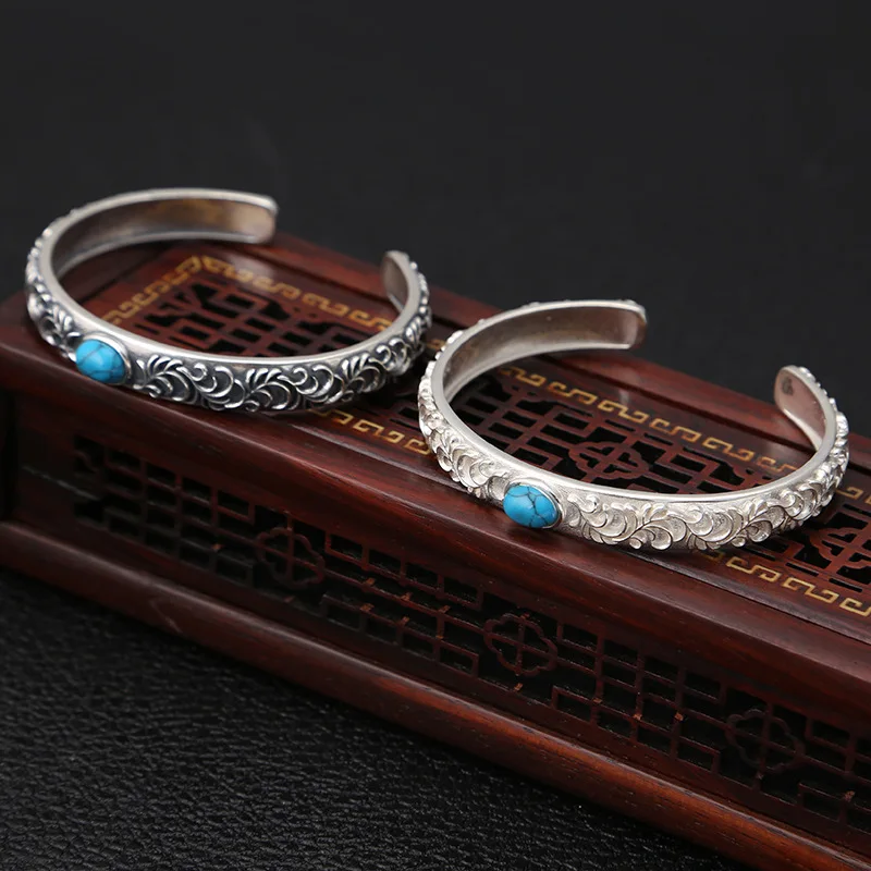 PANJBJ 925 Sterling Silver Feather Adjustable Couple Bangle Gothic Punk Design Women Jewelry Gift Lucky Bracelet Dropshipping