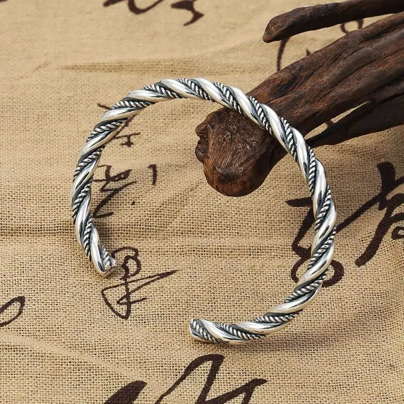 PANJBJ 925 Sterling Silver Feather Adjustable Couple Bangle Gothic Punk Design Women Jewelry Gift Lucky Bracelet Dropshipping