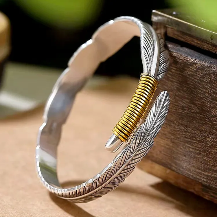 PANJBJ 925 Sterling Silver Feather Adjustable Couple Bangle Gothic Punk Design Women Jewelry Gift Lucky Bracelet Dropshipping
