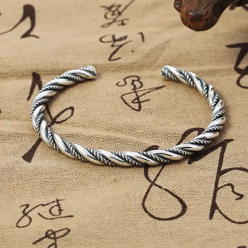 PANJBJ 925 Sterling Silver Feather Adjustable Couple Bangle Gothic Punk Design Women Jewelry Gift Lucky Bracelet Dropshipping