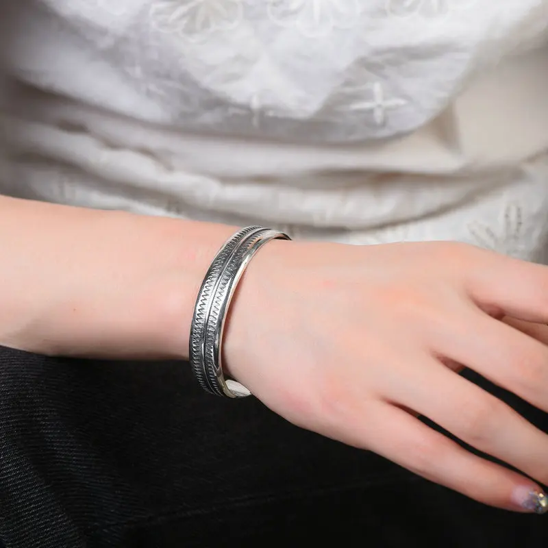 PANJBJ 925 Sterling Silver Feather Adjustable Couple Bangle Gothic Punk Design Women Jewelry Gift Lucky Bracelet Dropshipping