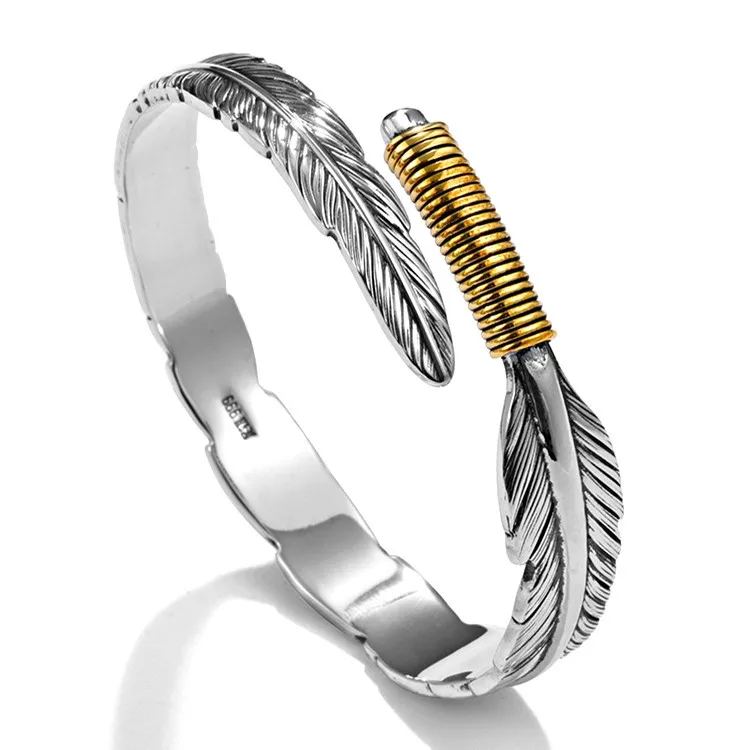 PANJBJ 925 Sterling Silver Feather Adjustable Couple Bangle Gothic Punk Design Women Jewelry Gift Lucky Bracelet Dropshipping