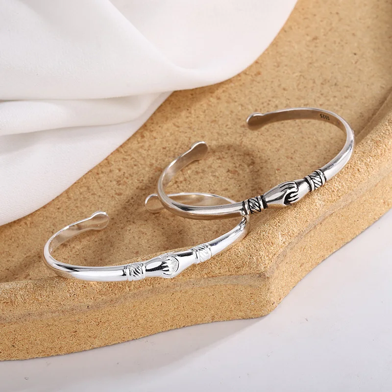 PANJBJ 925 Sterling Silver Feather Adjustable Couple Bangle Gothic Punk Design Women Jewelry Gift Lucky Bracelet Dropshipping