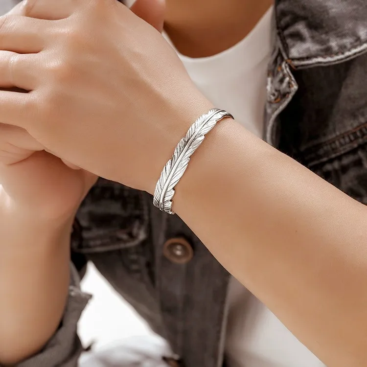 PANJBJ 925 Sterling Silver Feather Adjustable Couple Bangle Gothic Punk Design Women Jewelry Gift Lucky Bracelet Dropshipping