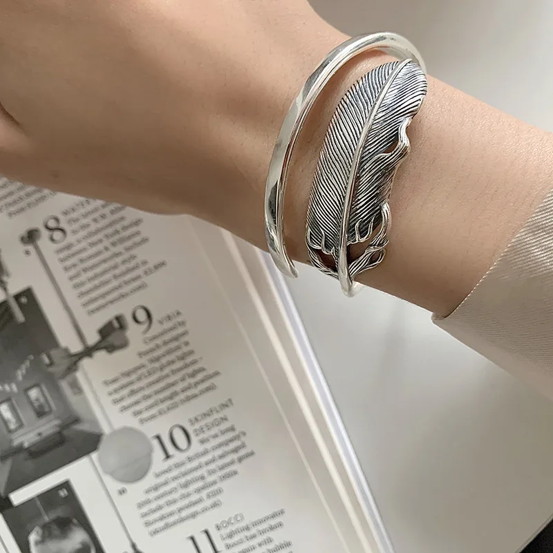 PANJBJ 925 Sterling Silver Feather Adjustable Couple Bangle Gothic Punk Design Women Jewelry Gift Lucky Bracelet Dropshipping