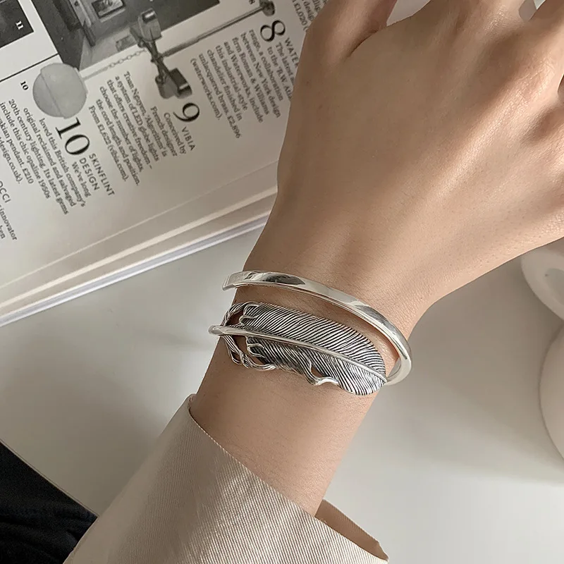 PANJBJ 925 Sterling Silver Feather Adjustable Couple Bangle Gothic Punk Design Women Jewelry Gift Lucky Bracelet Dropshipping