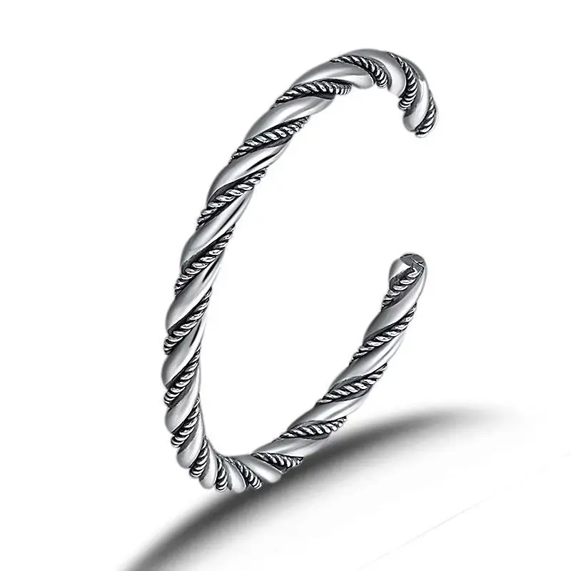 PANJBJ 925 Sterling Silver Feather Adjustable Couple Bangle Gothic Punk Design Women Jewelry Gift Lucky Bracelet Dropshipping