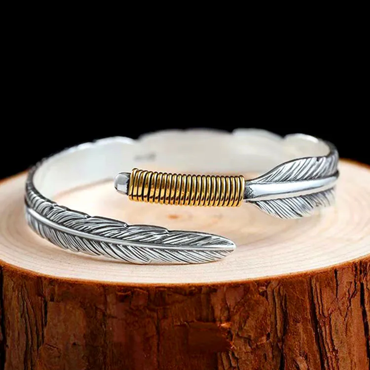 PANJBJ 925 Sterling Silver Feather Adjustable Couple Bangle Gothic Punk Design Women Jewelry Gift Lucky Bracelet Dropshipping