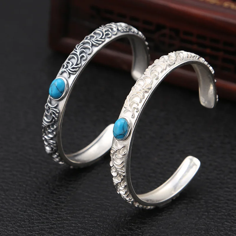 PANJBJ 925 Sterling Silver Feather Adjustable Couple Bangle Gothic Punk Design Women Jewelry Gift Lucky Bracelet Dropshipping