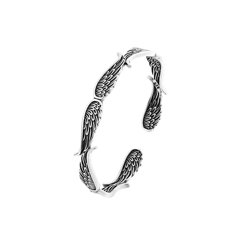 PANJBJ 925 Sterling Silver Feather Adjustable Couple Bangle Gothic Punk Design Women Jewelry Gift Lucky Bracelet Dropshipping