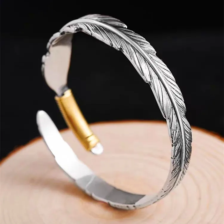 PANJBJ 925 Sterling Silver Feather Adjustable Couple Bangle Gothic Punk Design Women Jewelry Gift Lucky Bracelet Dropshipping