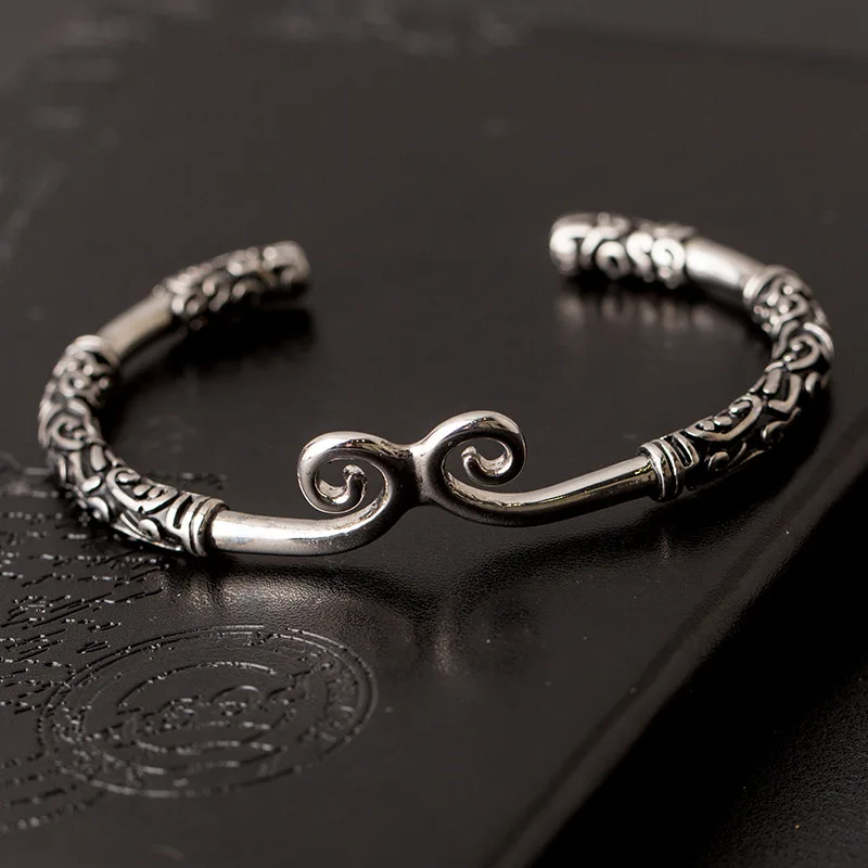 PANJBJ 925 Sterling Silver Feather Adjustable Couple Bangle Gothic Punk Design Women Jewelry Gift Lucky Bracelet Dropshipping