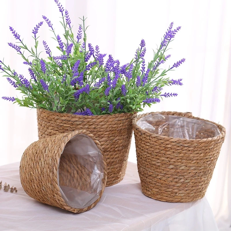 Straw Weaving Flower Plant Pot Basket Grass Planter Basket Indoor Outdoor Flower Pot Cover Plant Containers for Plantable Plants