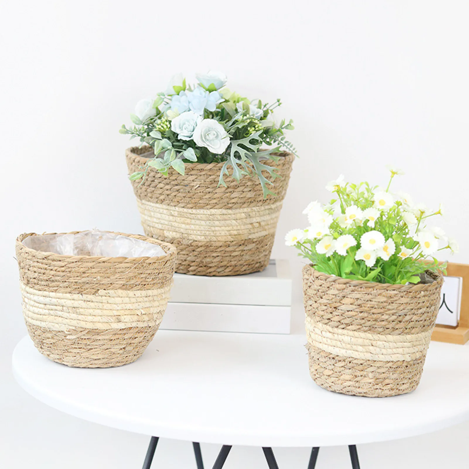 Straw Weaving Flower Plant Pot Basket Grass Planter Basket Indoor Outdoor Flower Pot Cover Plant Containers for Plantable Plants