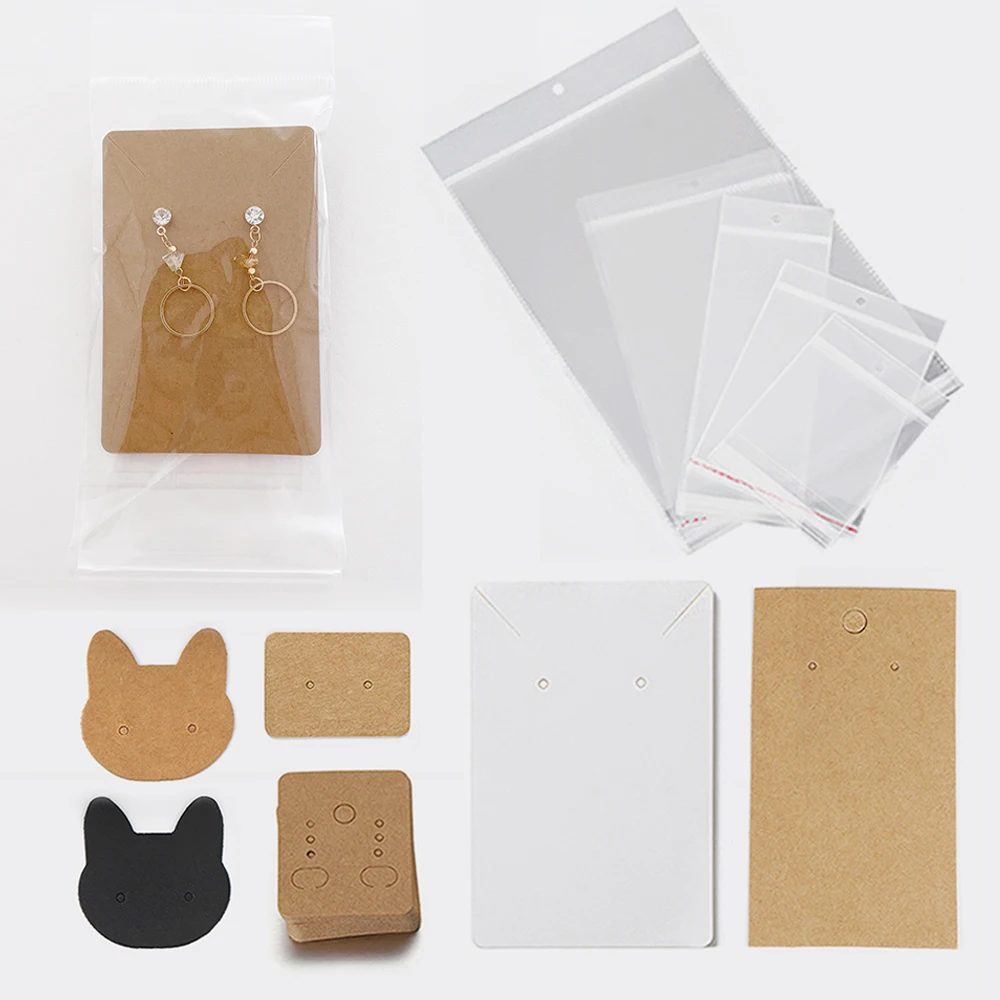 50Sets Earring Cards and 50pcs Bags Necklace Earring Display Cards Self-Seal Bags Kraft Paper Card for DIY Jewelry Packaging