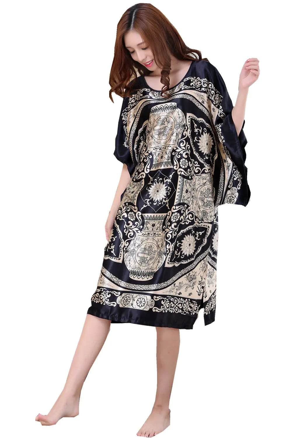 Sexy Female Silk Rayon Robe Bath Gown Nightgown Summer Casual Home Dress Printed Loose Sleepwear Plus Size Nightwear Bathrobe