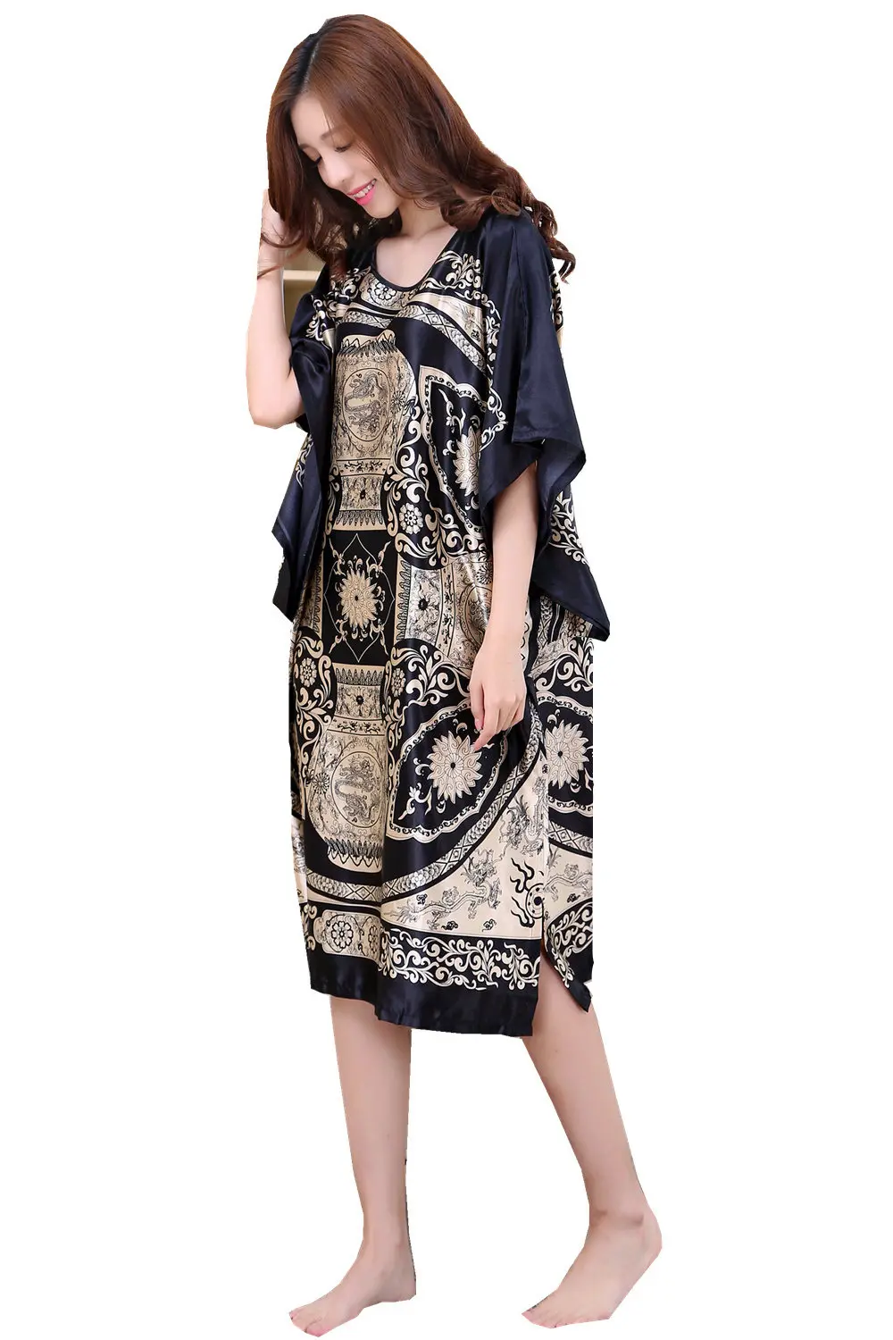 Sexy Female Silk Rayon Robe Bath Gown Nightgown Summer Casual Home Dress Printed Loose Sleepwear Plus Size Nightwear Bathrobe