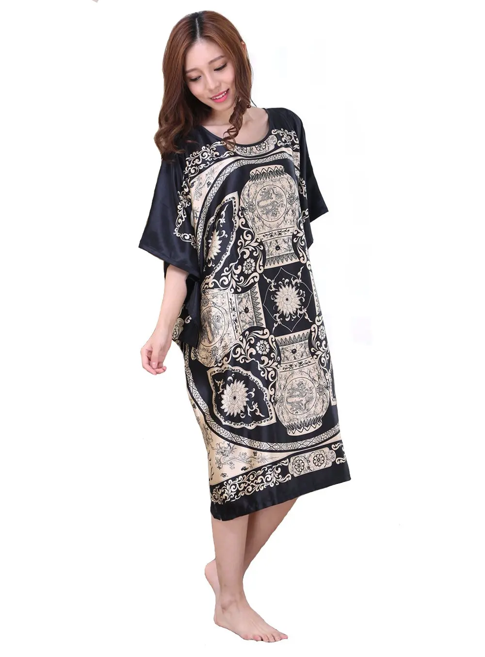 Sexy Female Silk Rayon Robe Bath Gown Nightgown Summer Casual Home Dress Printed Loose Sleepwear Plus Size Nightwear Bathrobe