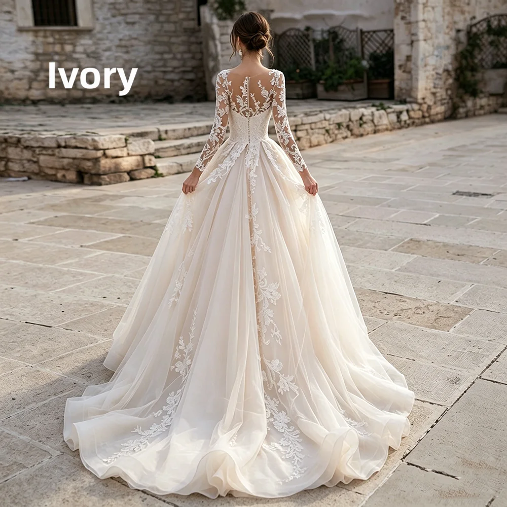 Long Sleeve Illusion V Neck Lace Wedding Dress Appliques Sheer Back Ball Gown Tulle Bridal Dress With Chapel Train Wedding Party
