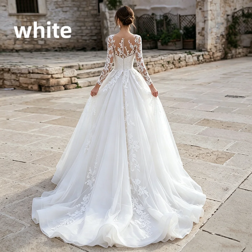 Long Sleeve Illusion V Neck Lace Wedding Dress Appliques Sheer Back Ball Gown Tulle Bridal Dress With Chapel Train Wedding Party