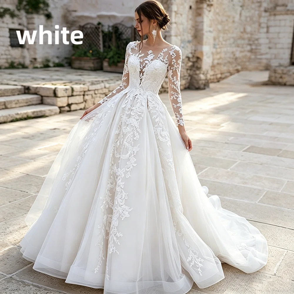 Long Sleeve Illusion V Neck Lace Wedding Dress Appliques Sheer Back Ball Gown Tulle Bridal Dress With Chapel Train Wedding Party