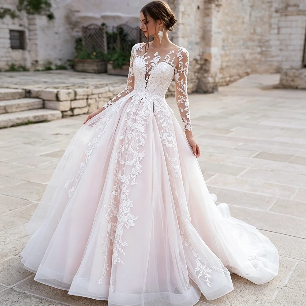 Long Sleeve Illusion V Neck Lace Wedding Dress Appliques Sheer Back Ball Gown Tulle Bridal Dress With Chapel Train Wedding Party