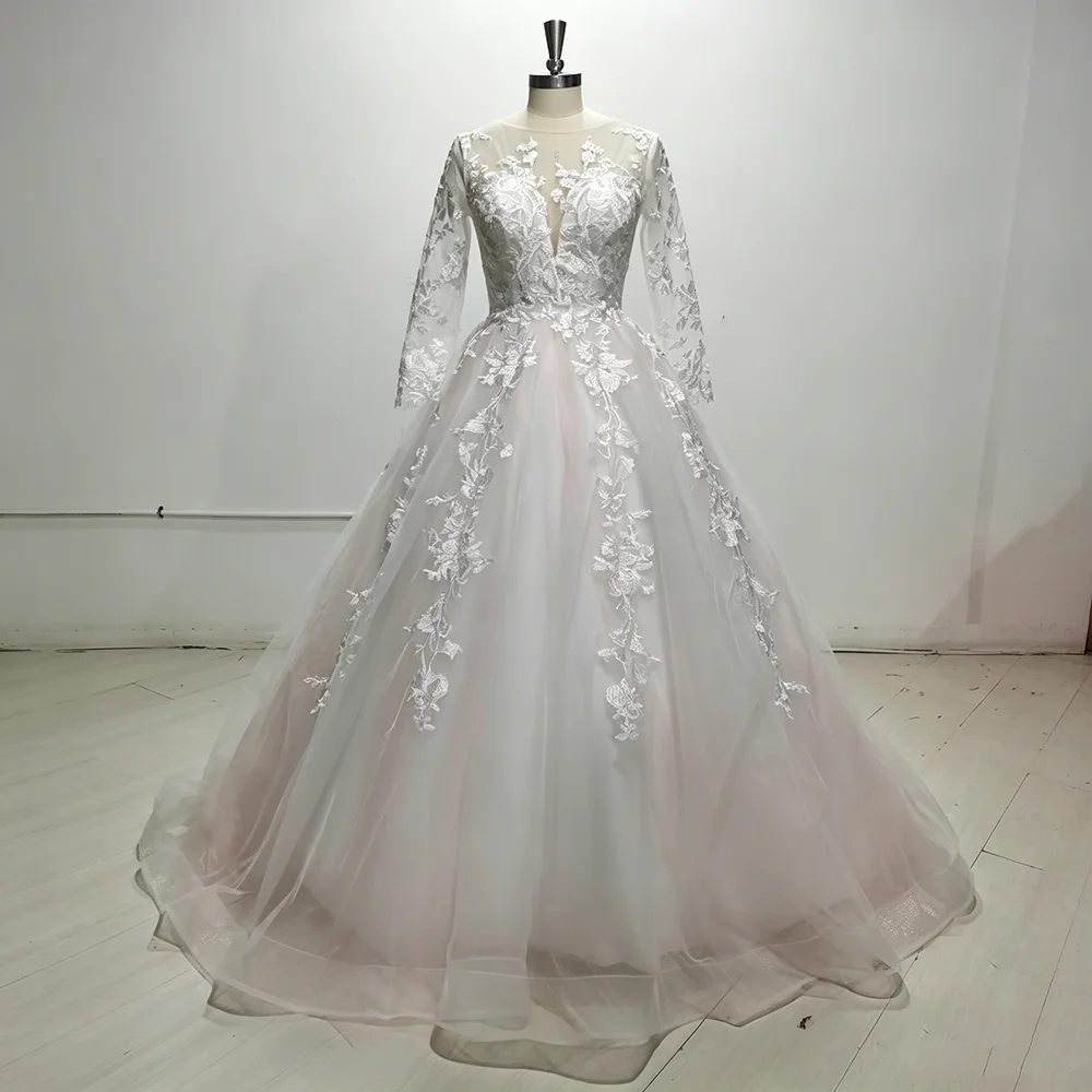 Long Sleeve Illusion V Neck Lace Wedding Dress Appliques Sheer Back Ball Gown Tulle Bridal Dress With Chapel Train Wedding Party