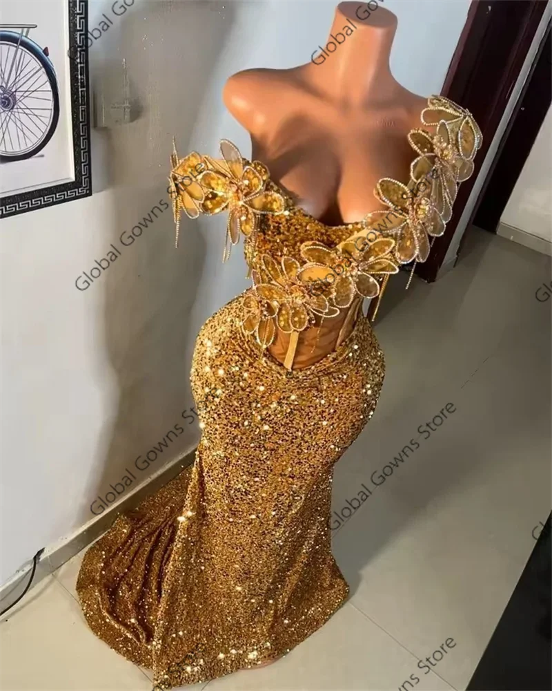 Sparkle Golden Aso Ebi Prom Dresses Black Girls Off Shoulder Crystals AppliquesFormal Prom Party Gowns Sequin Customized