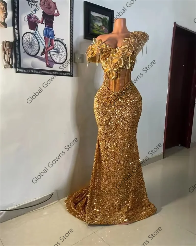 Sparkle Golden Aso Ebi Prom Dresses Black Girls Off Shoulder Crystals AppliquesFormal Prom Party Gowns Sequin Customized