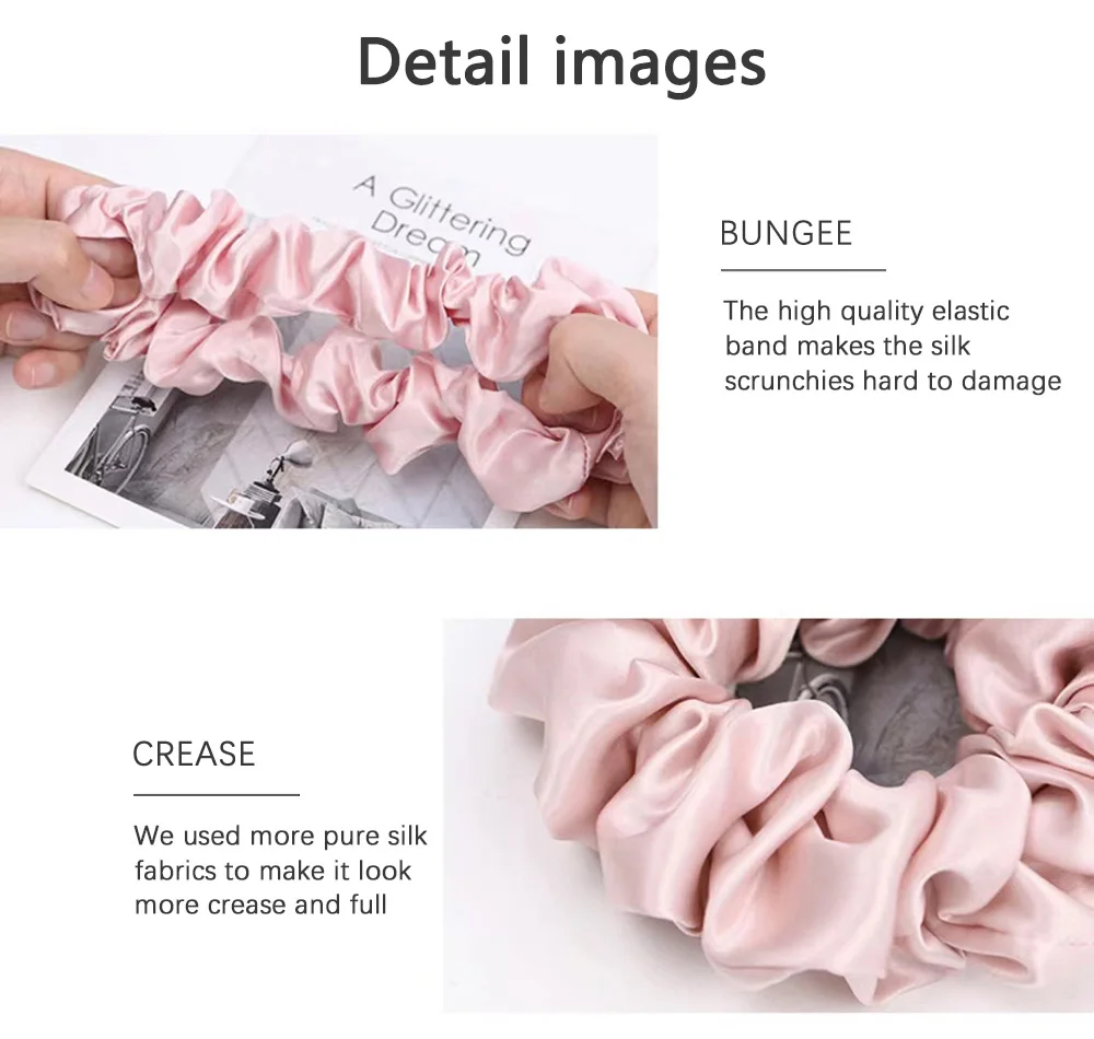 100% Pure Mulberry Silk Large Scrunchies Rubber Bands Hair Ties Gum Elastics Simple Pure Color for Women Girls 19 Momme 3.5CM