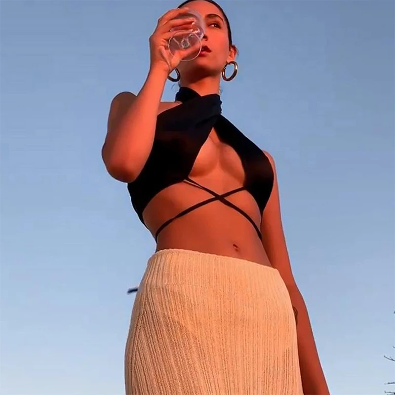 2023 New Women Sexy Cross Halter Tank Tops Y2K Fashion Off-the-shoulder Tie Up Crop Tops Club Party Wear Lady Backless Vest Tops