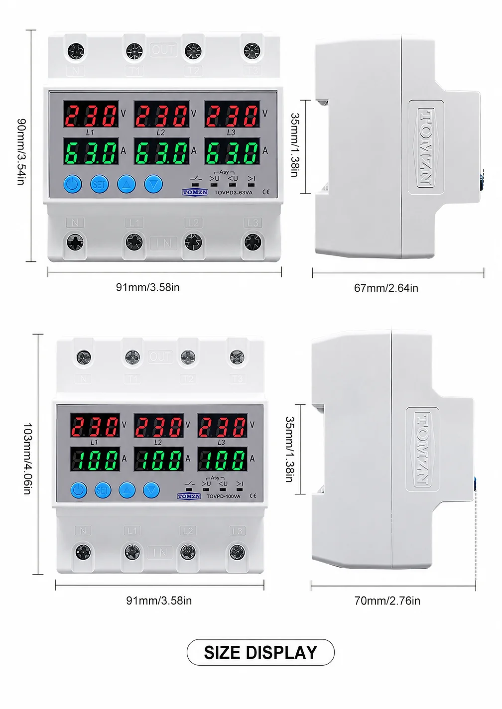 Din Rail 3 Phase Voltage Relay 3P+N Voltmeter Ammeter Over and Under Voltage Monitor Relays Protector Adjust Current Overvoltage