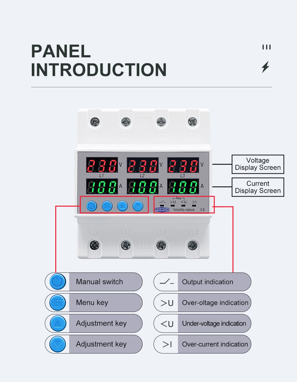 Din Rail 3 Phase Voltage Relay 3P+N Voltmeter Ammeter Over and Under Voltage Monitor Relays Protector Adjust Current Overvoltage