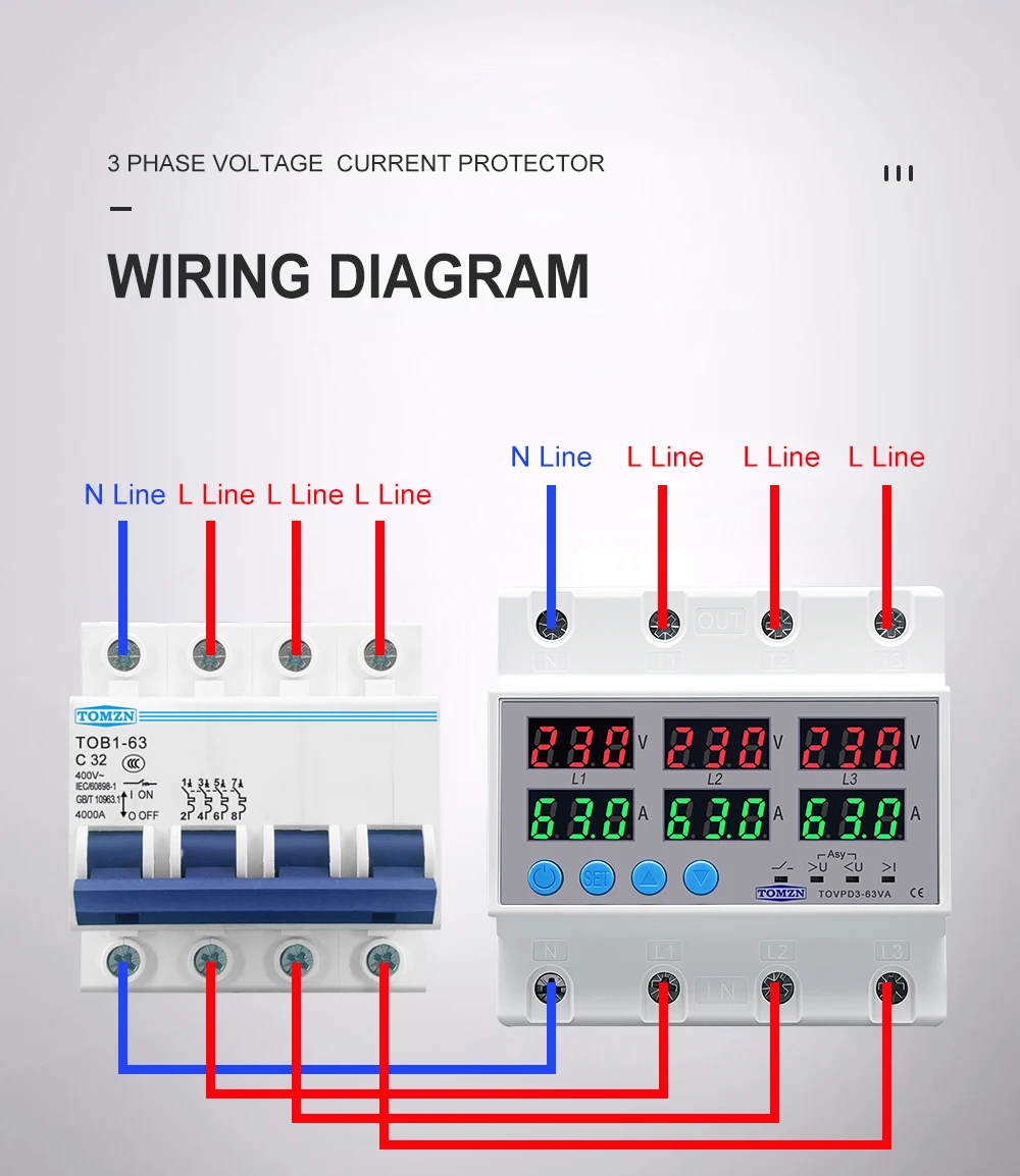 Din Rail 3 Phase Voltage Relay 3P+N Voltmeter Ammeter Over and Under Voltage Monitor Relays Protector Adjust Current Overvoltage