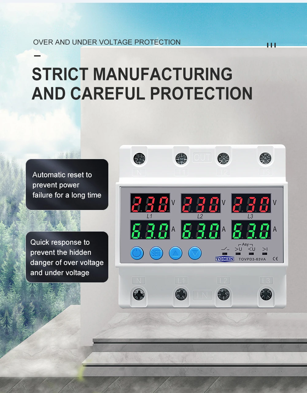 Din Rail 3 Phase Voltage Relay 3P+N Voltmeter Ammeter Over and Under Voltage Monitor Relays Protector Adjust Current Overvoltage