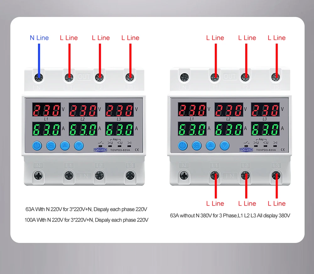 Din Rail 3 Phase Voltage Relay 3P+N Voltmeter Ammeter Over and Under Voltage Monitor Relays Protector Adjust Current Overvoltage