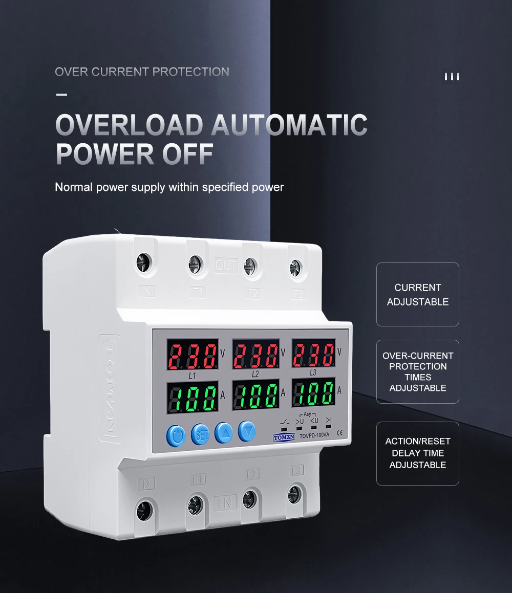 Din Rail 3 Phase Voltage Relay 3P+N Voltmeter Ammeter Over and Under Voltage Monitor Relays Protector Adjust Current Overvoltage