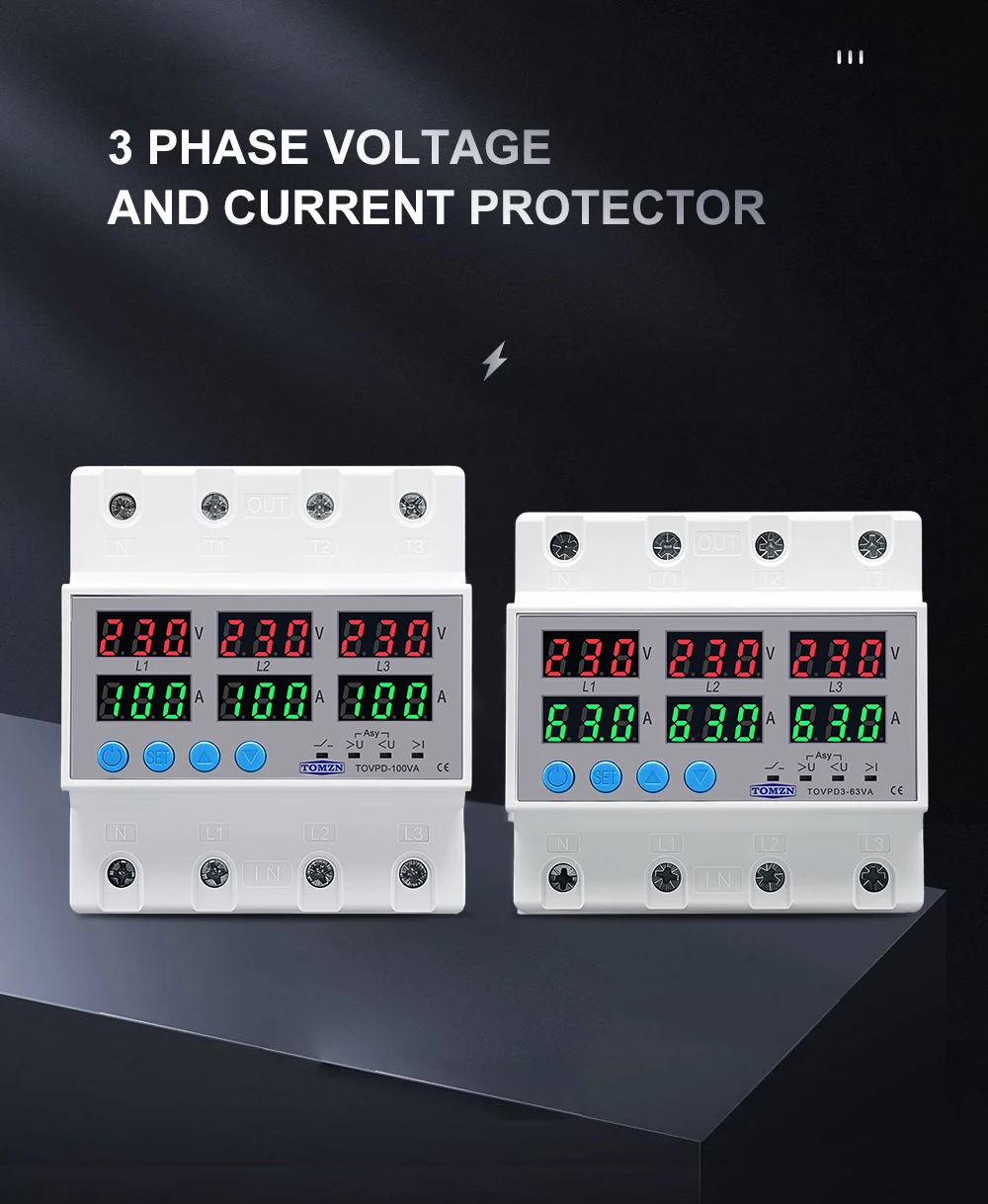 Din Rail 3 Phase Voltage Relay 3P+N Voltmeter Ammeter Over and Under Voltage Monitor Relays Protector Adjust Current Overvoltage